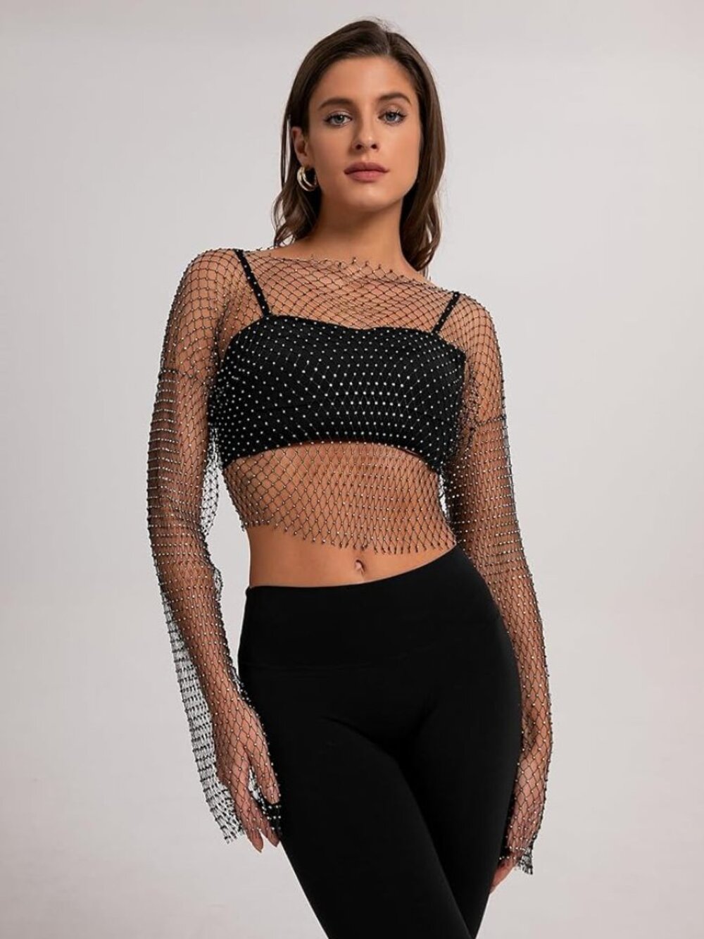 Faux Rhinestone Fishnet Crop Top with long sleeves